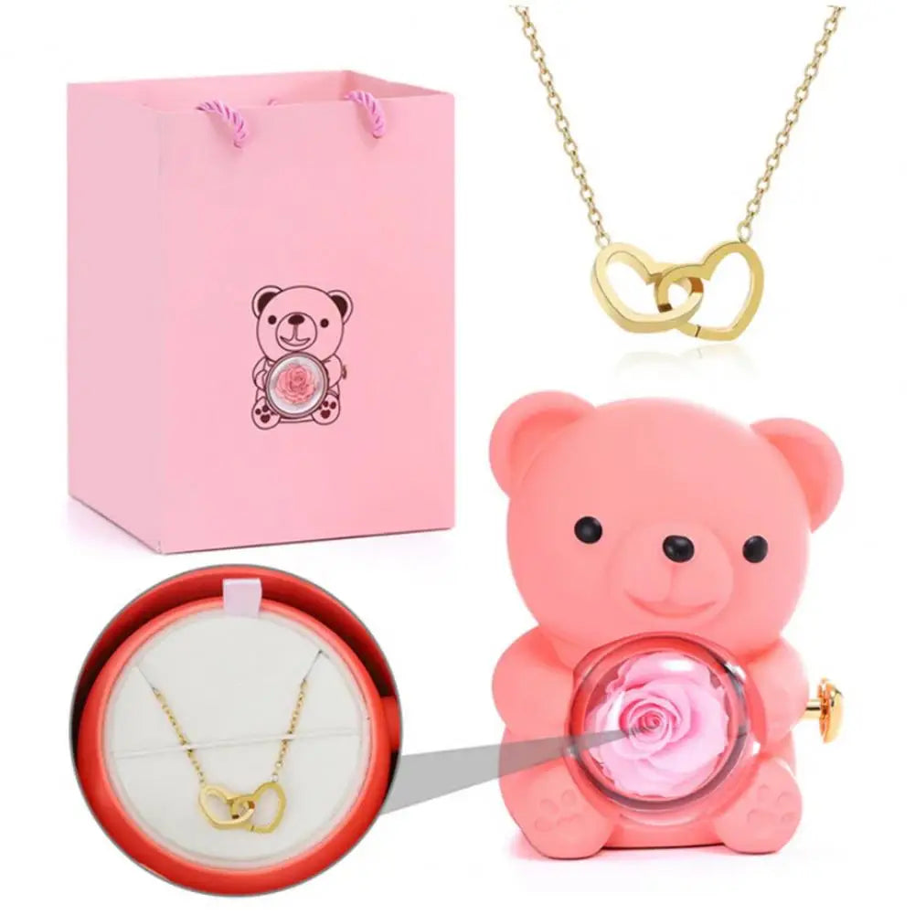 Teddy Bear Gifts Box with Necklace Rotate Rose